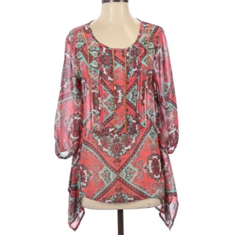 Umgee Womens Top Small BOHO Asymmetrical Hem Cut Out Neckline Sheer Blouse - Picture 4 of 4